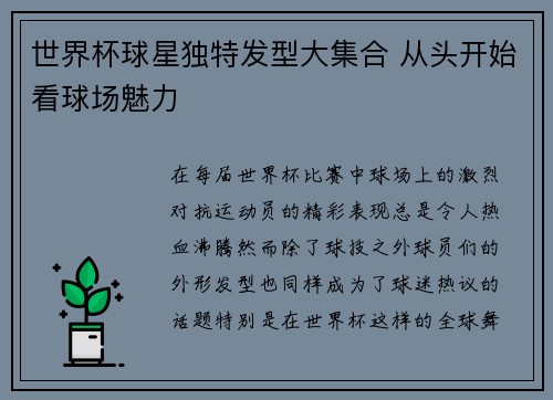 世界杯球星独特发型大集合 从头开始看球场魅力