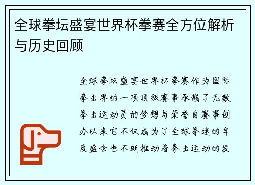 全球拳坛盛宴世界杯拳赛全方位解析与历史回顾